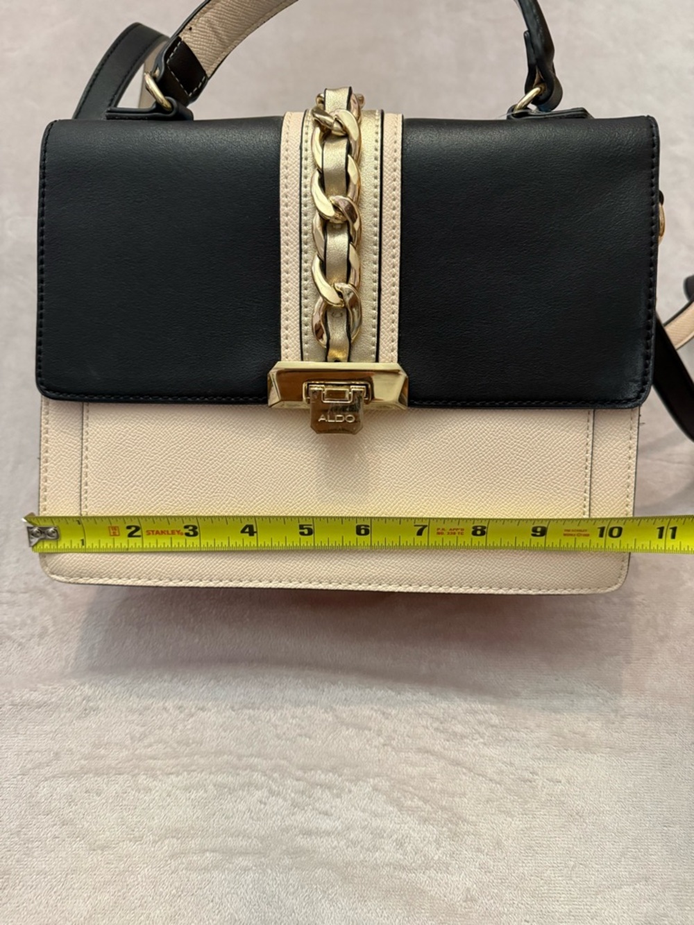ALDO Black Beige Top Handle Satchel Crossbody Gold Chain Accent Structured Purse - Picture 9 of 11